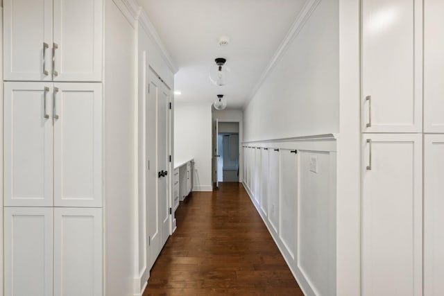 hallway featuring crown molding and dark hardwood / wood-style floors