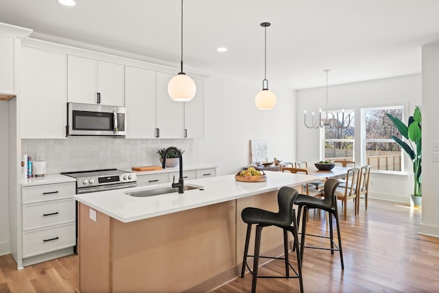 kitchen featuring white cabinets, sink, an island with sink, and stainless steel appliances