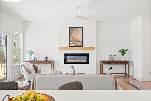 living room featuring ceiling fan and light wood-type flooring