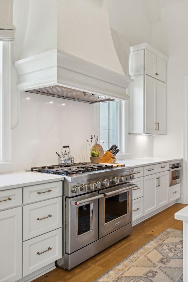 kitchen featuring white cabinets, appliances with stainless steel finishes, light hardwood / wood-style floors, and custom range hood