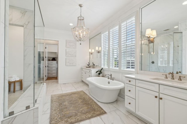 bathroom with vanity, plus walk in shower, a notable chandelier, and ornamental molding