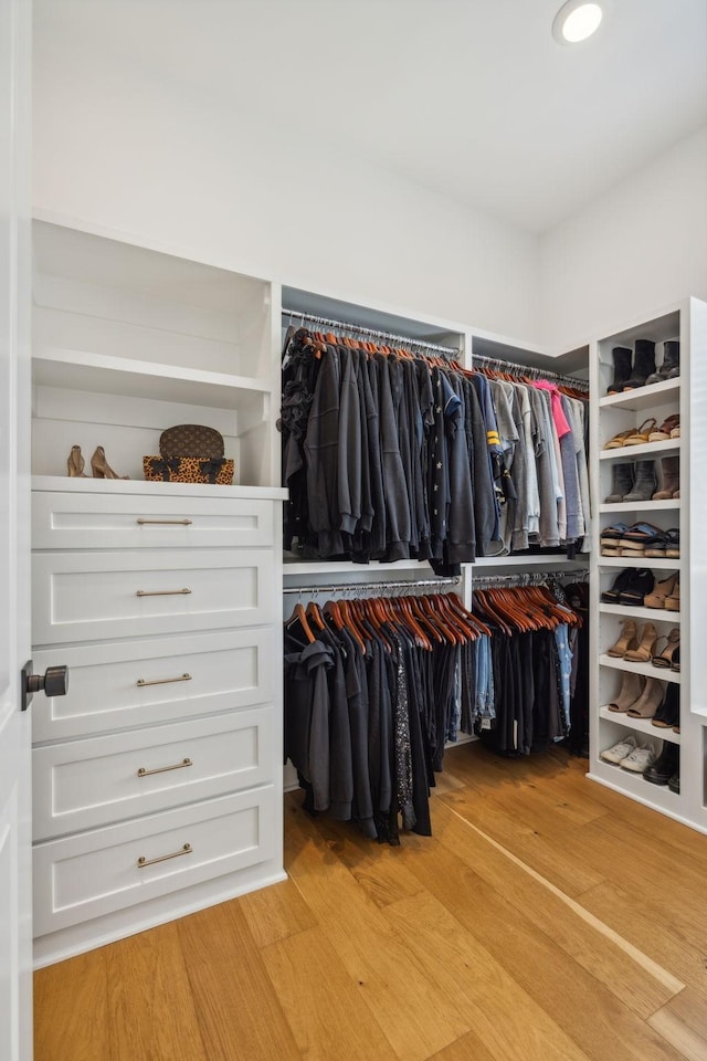 spacious closet with light hardwood / wood-style flooring