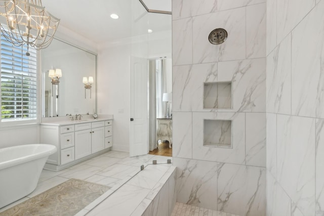 bathroom featuring crown molding, vanity, a chandelier, and shower with separate bathtub