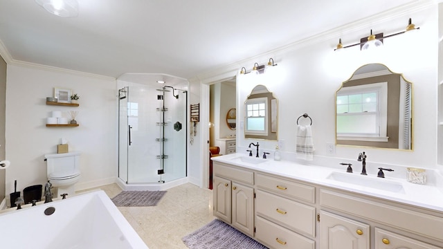 full bathroom featuring shower with separate bathtub, vanity, and ornamental molding