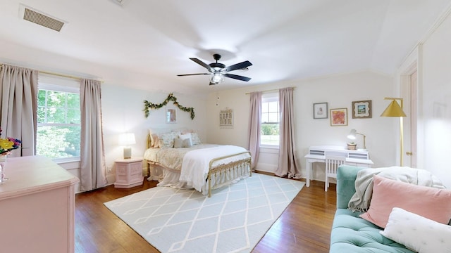 bedroom featuring hardwood / wood-style flooring and ceiling fan