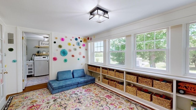 recreation room featuring wood-type flooring and washer / dryer