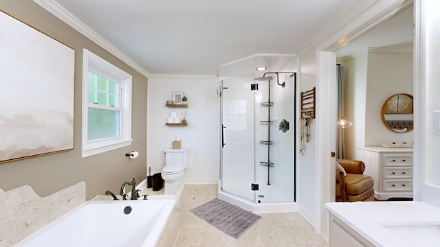 full bathroom with toilet, vanity, crown molding, and independent shower and bath