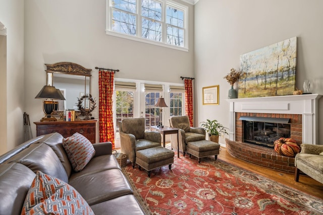 living room featuring hardwood / wood-style floors, a fireplace, and a high ceiling