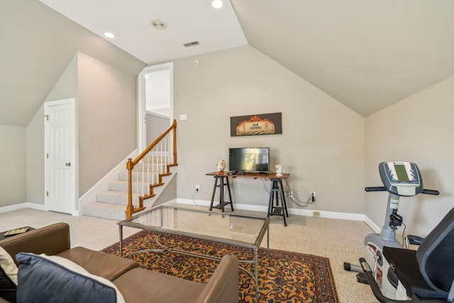 interior space featuring carpet and lofted ceiling