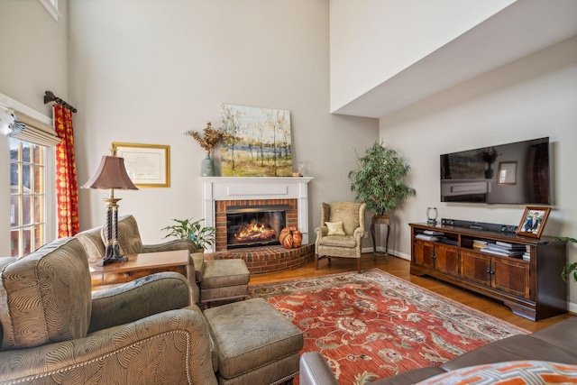 living room with hardwood / wood-style flooring and a fireplace