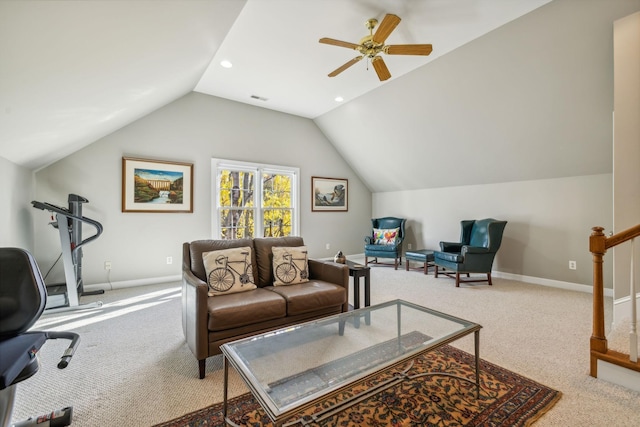 living room with light carpet, vaulted ceiling, and ceiling fan