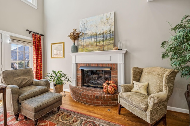 living area featuring a fireplace and hardwood / wood-style flooring