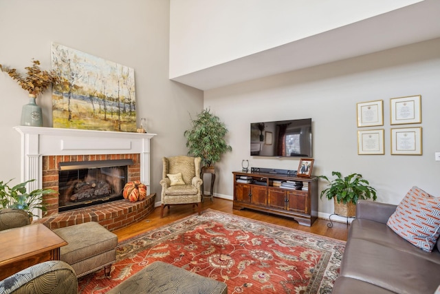 living room with hardwood / wood-style floors and a fireplace