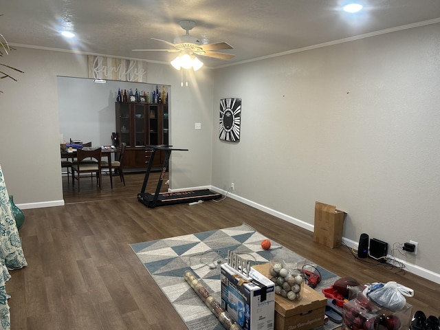 exercise area featuring dark hardwood / wood-style floors, ceiling fan, and crown molding