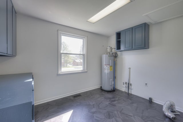 interior space with cabinets and electric water heater