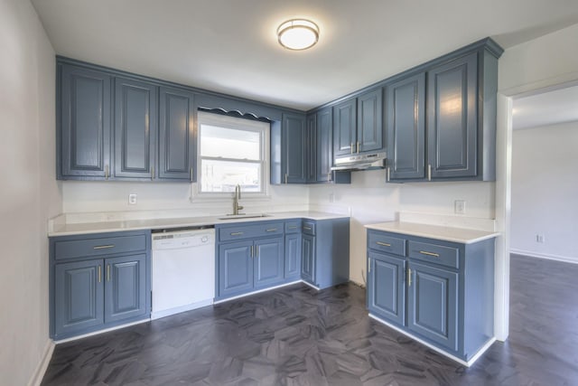 kitchen with dishwasher, blue cabinets, and sink