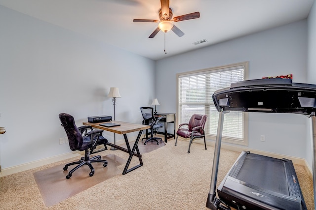 office featuring carpet flooring and ceiling fan