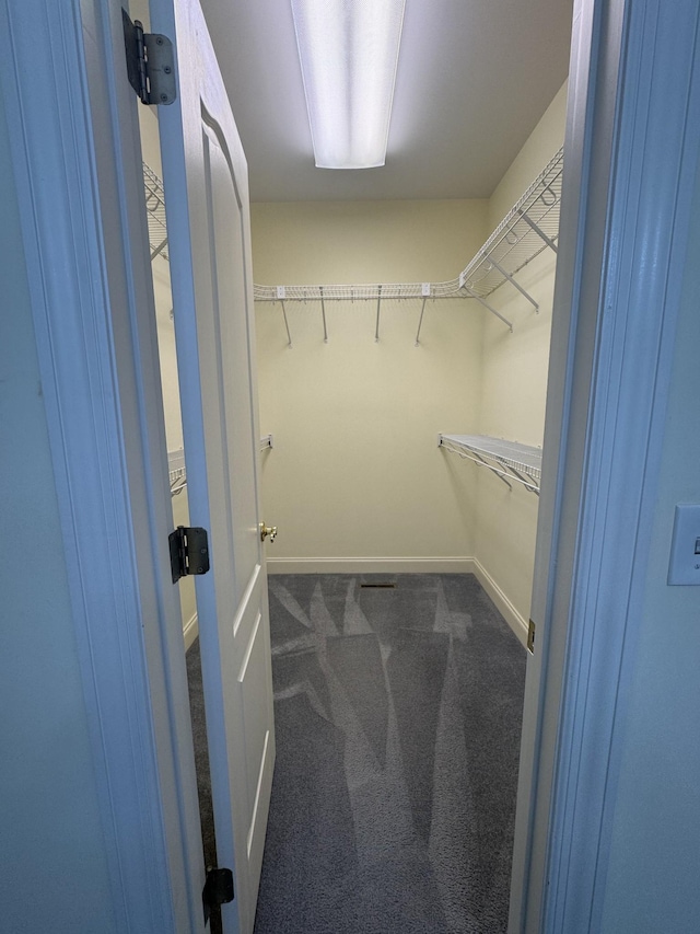 spacious closet featuring dark colored carpet