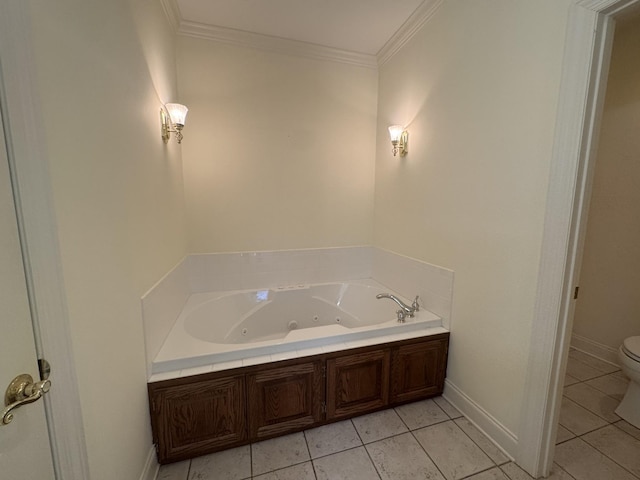 bathroom with a tub to relax in, toilet, tile patterned flooring, and ornamental molding