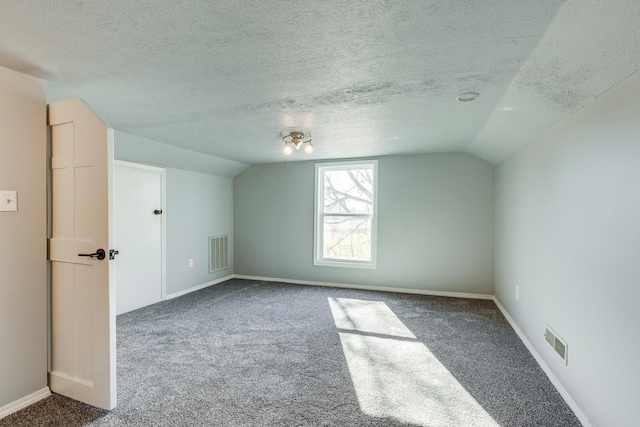 additional living space with vaulted ceiling, a textured ceiling, and carpet