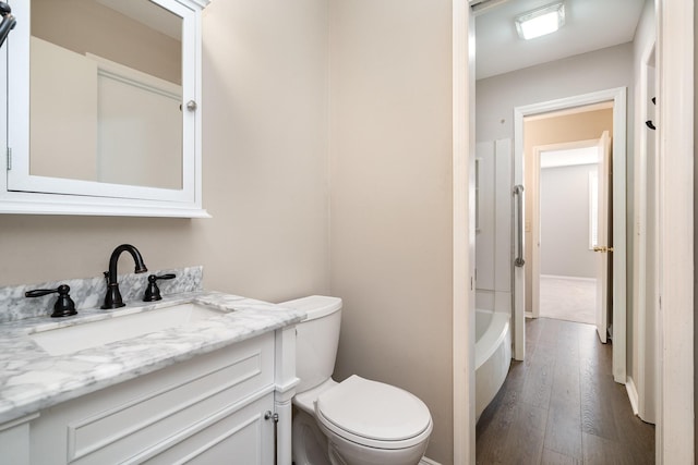 bathroom featuring vanity, toilet, and wood-type flooring