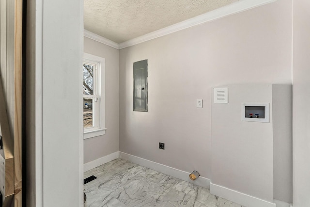 clothes washing area with electric panel, hookup for a washing machine, crown molding, hookup for an electric dryer, and a textured ceiling