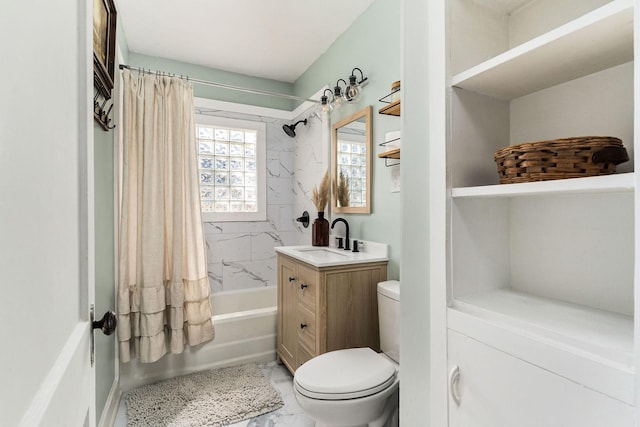 full bathroom featuring vanity, shower / bath combination with curtain, and toilet