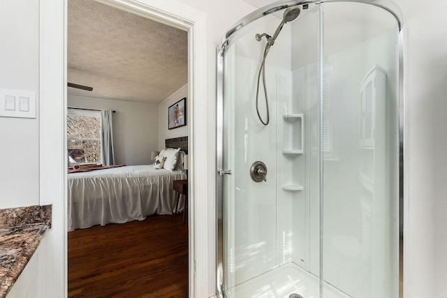 bathroom with hardwood / wood-style flooring, vanity, an enclosed shower, and a textured ceiling