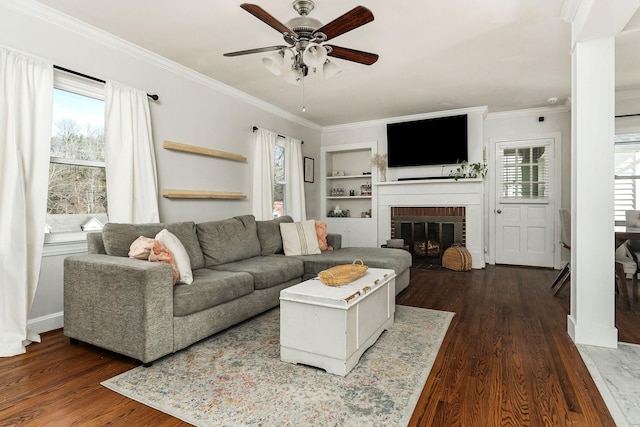 living room with ceiling fan, a fireplace, ornamental molding, and dark hardwood / wood-style flooring