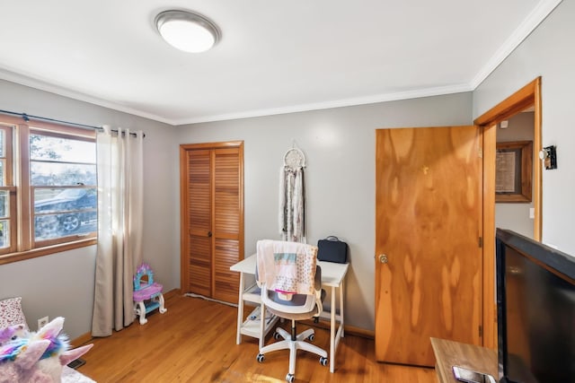 office space featuring light hardwood / wood-style flooring and ornamental molding