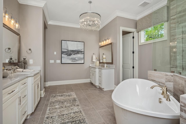 bathroom featuring plus walk in shower, vanity, an inviting chandelier, and crown molding