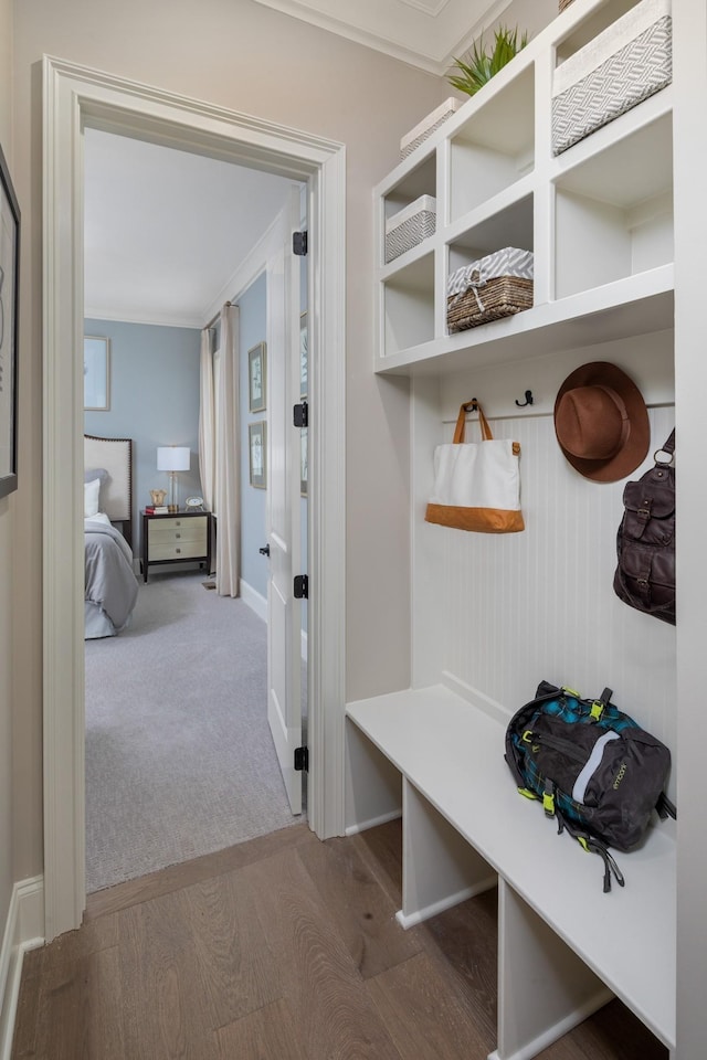 mudroom with crown molding and light hardwood / wood-style flooring