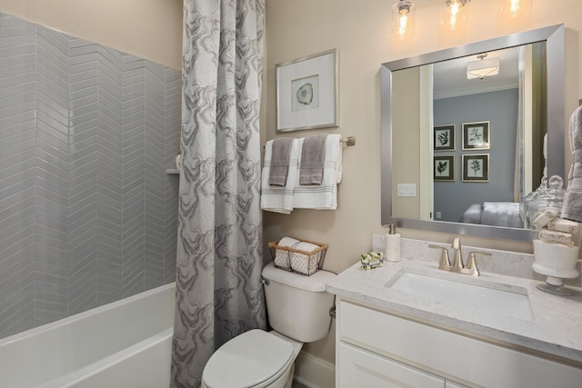 full bathroom featuring shower / bathtub combination with curtain, vanity, toilet, and ornamental molding