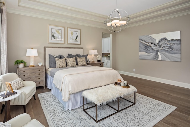 bedroom featuring crown molding, a chandelier, and dark hardwood / wood-style floors