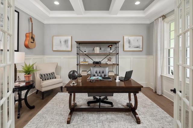 home office with french doors, beamed ceiling, wood-type flooring, and ornamental molding