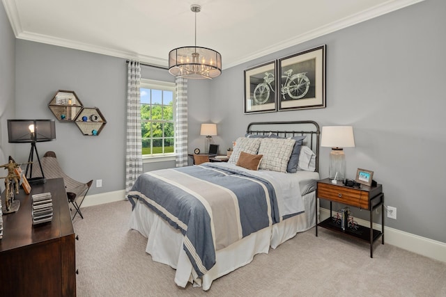 bedroom featuring light carpet, a chandelier, and ornamental molding