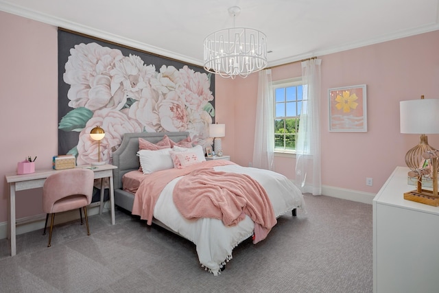 carpeted bedroom with an inviting chandelier and ornamental molding