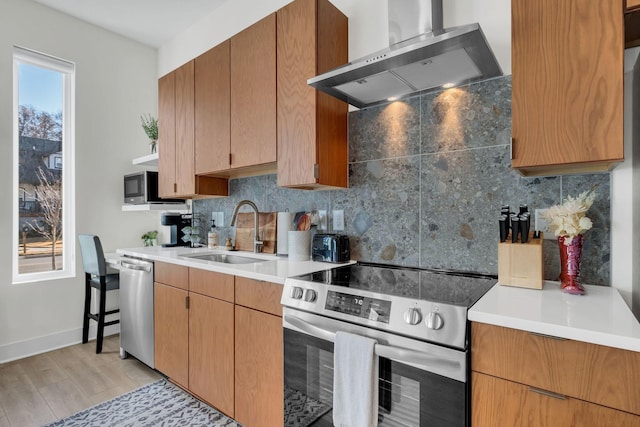 kitchen featuring sink, wall chimney exhaust hood, decorative backsplash, light wood-type flooring, and appliances with stainless steel finishes