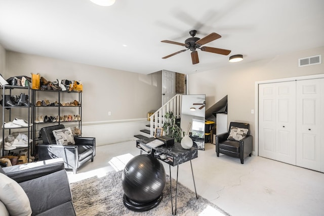 living room with ceiling fan