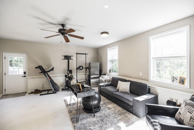 living room with ceiling fan