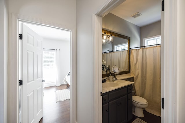 bathroom featuring a wealth of natural light, vanity, wood-type flooring, and toilet