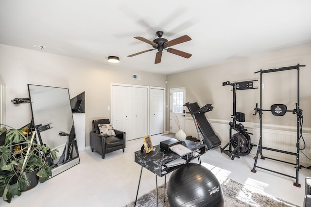 exercise area with ceiling fan