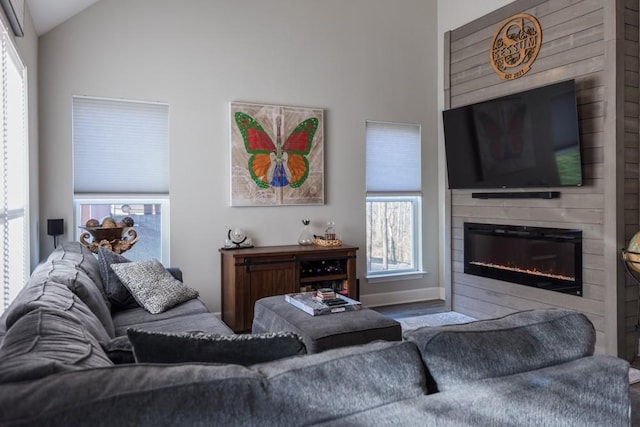 living room featuring lofted ceiling