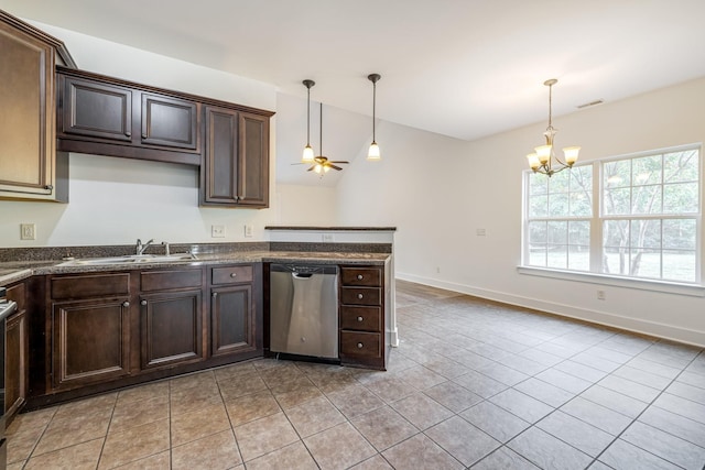 kitchen with dishwasher, sink, dark brown cabinetry, and ceiling fan with notable chandelier