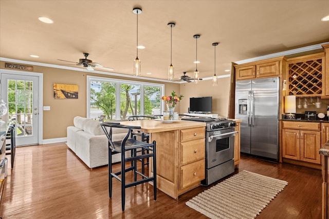 kitchen with dark hardwood / wood-style flooring, stainless steel appliances, ceiling fan, crown molding, and decorative light fixtures