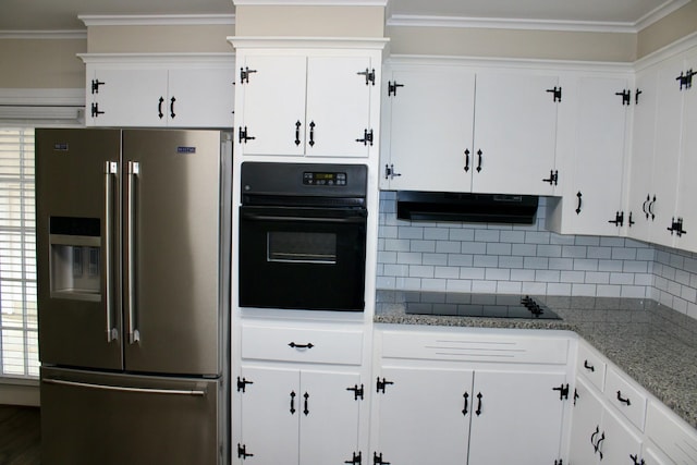 kitchen with black appliances, decorative backsplash, light stone counters, white cabinetry, and extractor fan