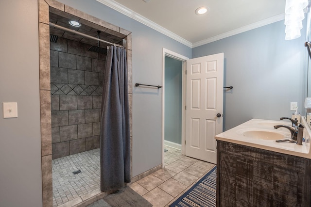 bathroom with tile patterned floors, a shower with curtain, crown molding, and vanity