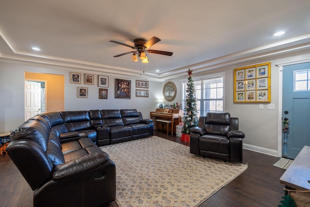 living room featuring a raised ceiling, ceiling fan, and dark hardwood / wood-style floors