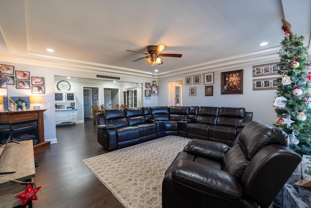 living room featuring ceiling fan, a raised ceiling, and dark wood-type flooring