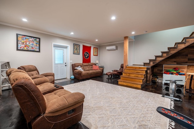 living room with dark hardwood / wood-style flooring, a wall unit AC, and crown molding